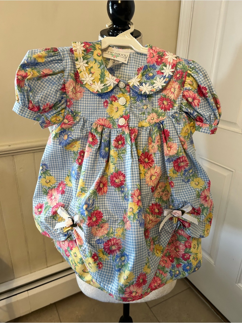 NWT Deadstock 80’s VTG Anne Savoy Gingham Floral Portrait Dress Size 24 M